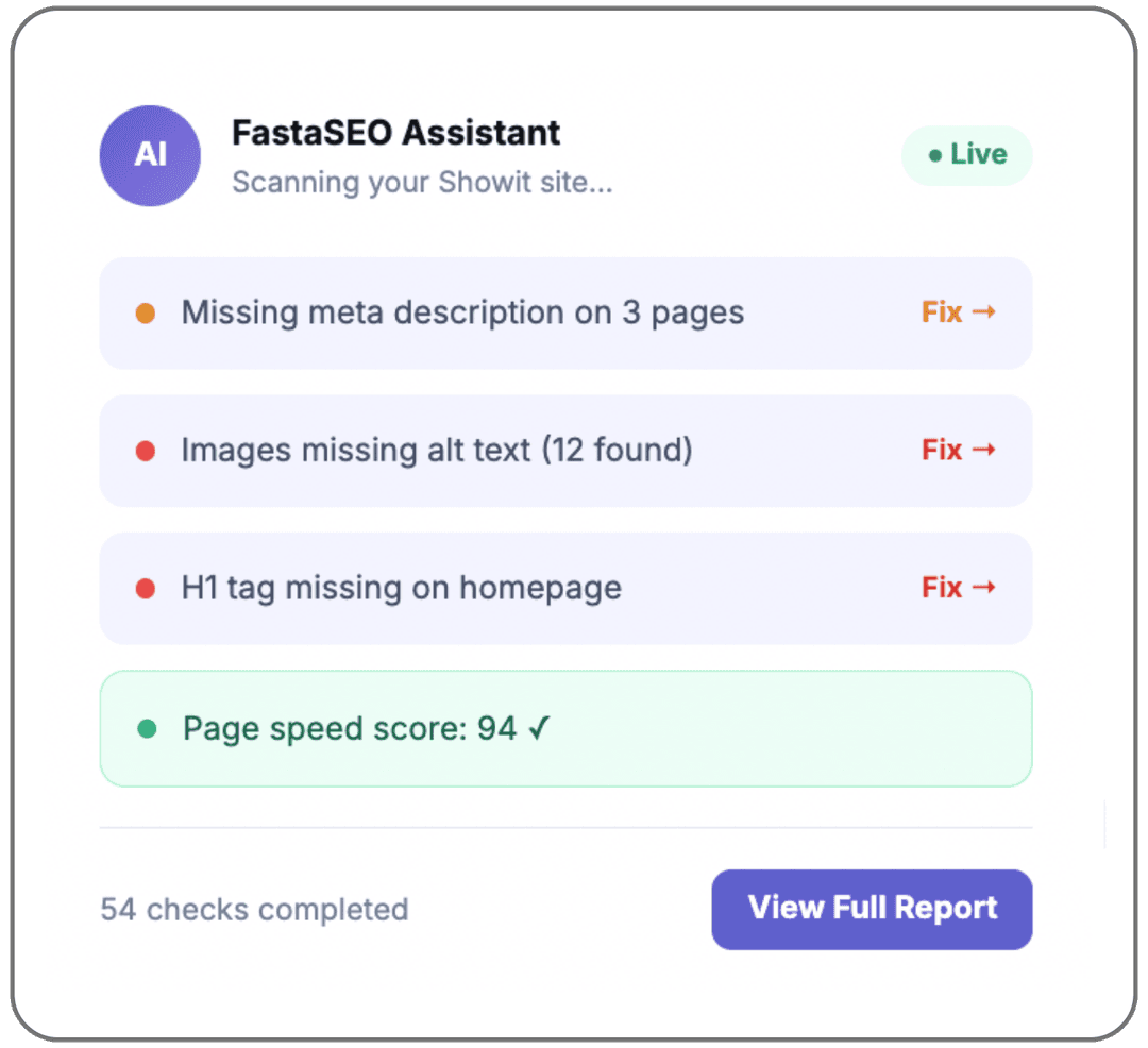 FastaSEO checking a Showit website